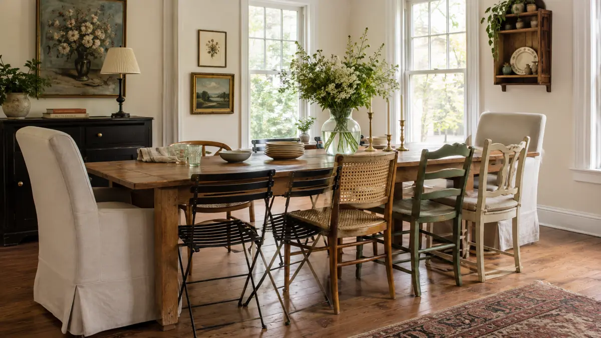 9 Mix and Match Dining Chair Ideas for a Stylish, Collected Look 1 Bright dining room with a warm wood table surrounded by mismatched café chairs, upholstered end chairs, cane-back seating, and painted wooden dining chairs.