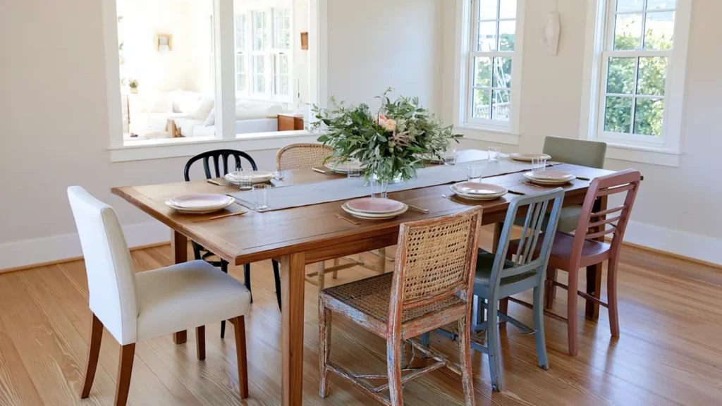 9 Mix and Match Dining Chair Ideas for a Stylish, Collected Look 11 Warm collected dining room with mismatched upholstered, café-style, cane, and painted wooden chairs around a natural wood table.
Mix and Match Dining Chairs Ideas