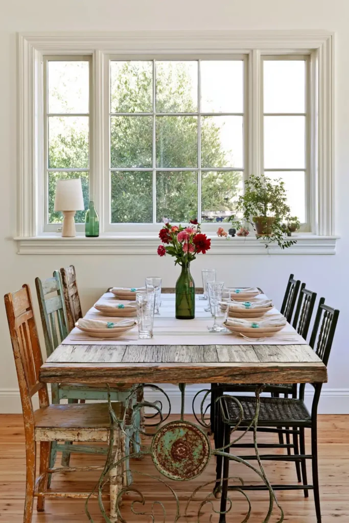 9 Mix and Match Dining Chair Ideas for a Stylish, Collected Look 10 Rustic dining table surrounded by mismatched vintage chairs with distressed wood, woven details, and varied aged finishes.