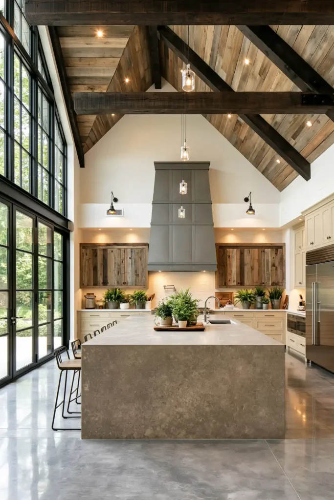 29 Barndominium Kitchen Designs for Rustic, Modern, and Timeless Spaces 2 Modern minimalist barndominium kitchen with a gray waterfall island, black metal stools, polished flooring, exposed wood ceiling beams, and black-framed windows.