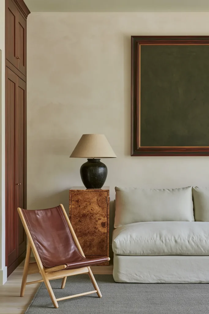 20 Best Living Room Color Combinations for a Warm Feel 9 Modern organic living room with a taupe plaster wall, pale gray sofa, black ceramic lamp, burled wood cabinet, and leather sling chair.