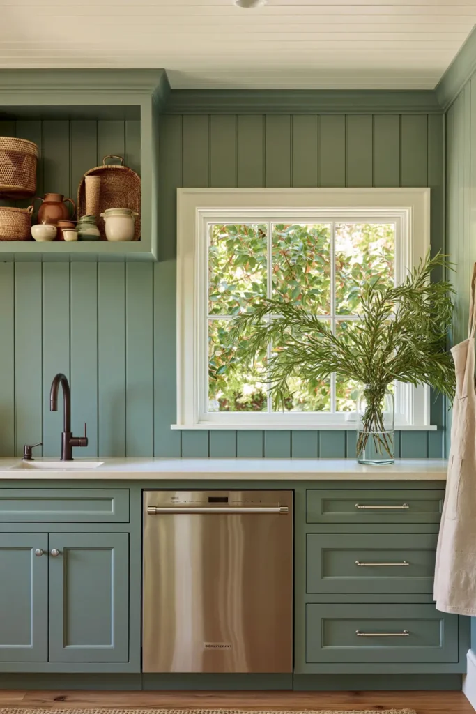 15 Butler’s Pantry Ideas for a Stylish, Functional Space 8 Monochromatic sage green butler’s pantry with paneled walls, matching cabinets, stainless dishwasher, dark faucet, baskets, and leafy branches.