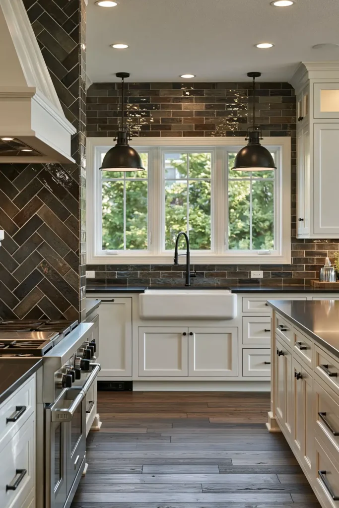 29 Barndominium Kitchen Designs for Rustic, Modern, and Timeless Spaces 24 Monochrome barndominium kitchen with white shaker cabinets, black countertops, glossy charcoal herringbone tile, farmhouse sink, and black dome pendants.