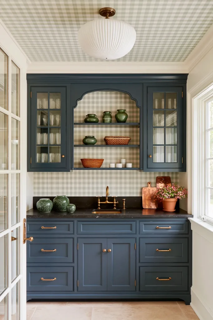 15 Butler’s Pantry Ideas for a Stylish, Functional Space 4 Moody navy butler’s pantry with glass-front cabinets, a curved open niche, brass sink fixtures, dark counters, green ceramics, and pink flowers.