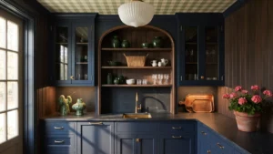 Deep navy butler’s pantry with glass-front cabinets, curved open shelving, brass sink fixtures, dark stone counters, green ceramics, and pink flowers.