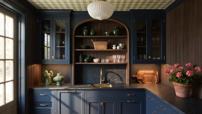 15 Butler’s Pantry Ideas for a Stylish, Functional Space 8 Deep navy butler’s pantry with glass-front cabinets, curved open shelving, brass sink fixtures, dark stone counters, green ceramics, and pink flowers.