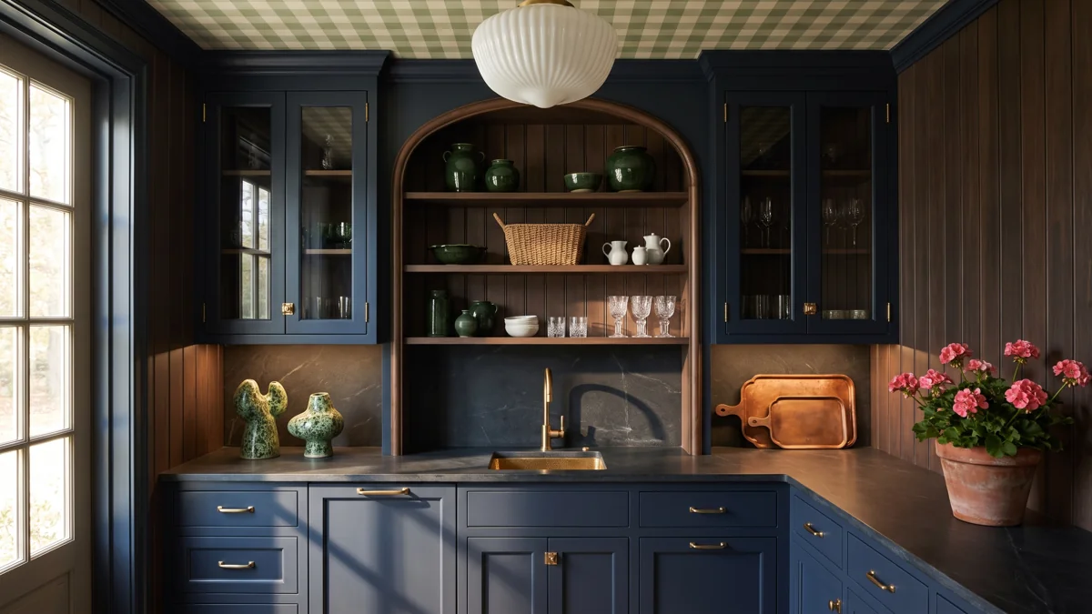15 Butler’s Pantry Ideas for a Stylish, Functional Space 1 Deep navy butler’s pantry with glass-front cabinets, curved open shelving, brass sink fixtures, dark stone counters, green ceramics, and pink flowers.