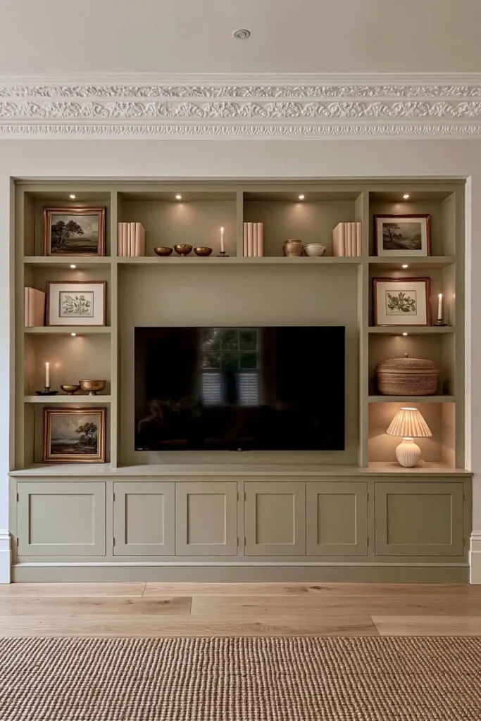 23 Living Room Bookshelf Styling Ideas for a Beautiful, Collected Space 9 Moody olive media wall with botanical art, pale books, brass-toned bowls, candles, pottery, pleated lamp, and ornate plaster cornice.