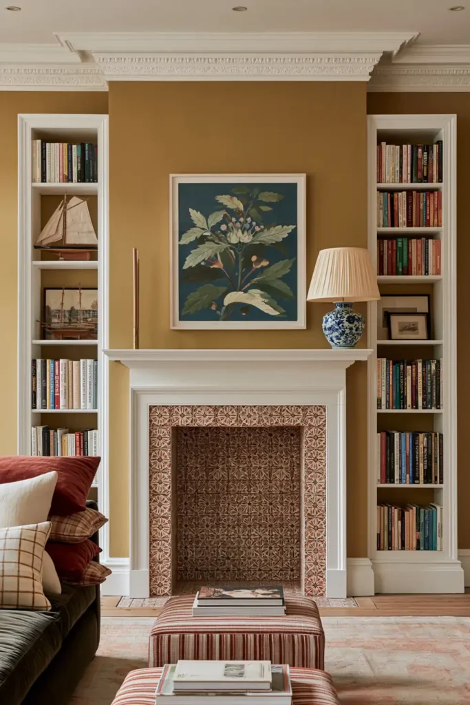 20 Best Living Room Color Combinations for a Warm Feel 20 Mustard yellow living room with a white fireplace, tall bookcases, patterned tile, red and checked cushions, and a striped ottoman.