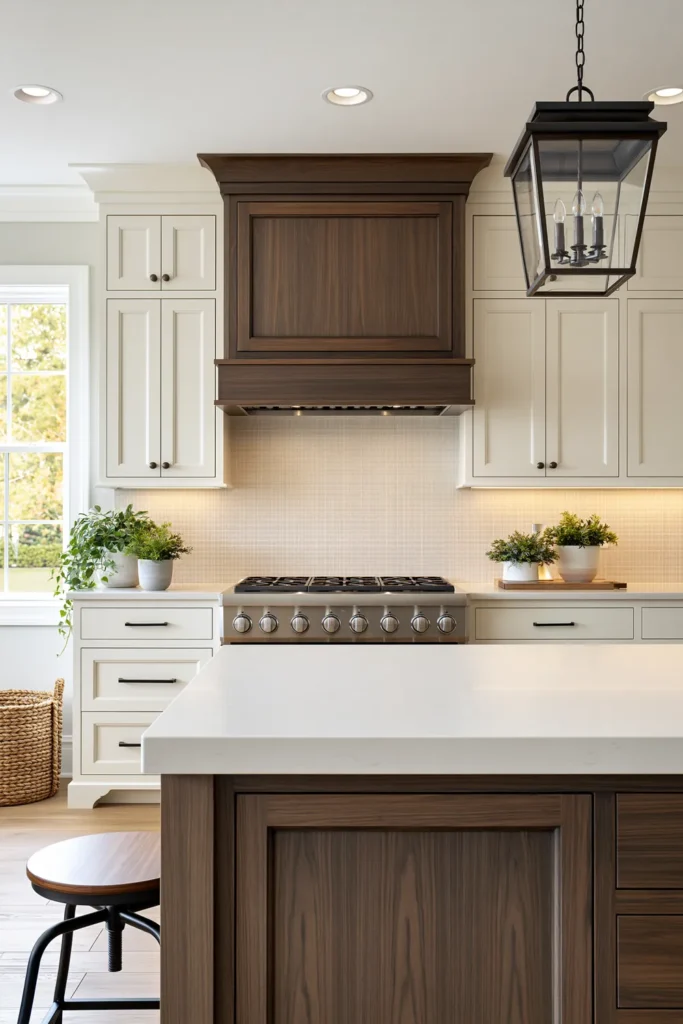 29 Neutral Kitchen Cabinet Ideas for a Calm, Timeless Kitchen 12 Creamy off-white kitchen cabinets with a dark walnut range hood and island, white stone countertop, and clear-glass lantern pendant.