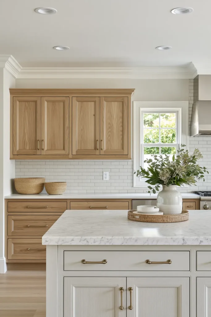 29 Neutral Kitchen Cabinet Ideas for a Calm, Timeless Kitchen 28 Warm oak kitchen cabinets with Carrara marble countertops, brass bar pulls, a white marble island, and woven natural baskets.