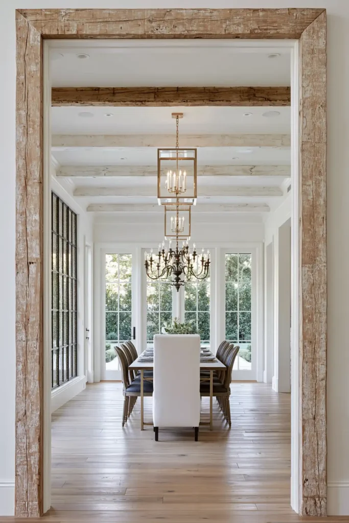 Timeless vs. Trendy Home Decor: 20 Ideas for a Well-Proportioned, Beautiful Home 19 White dining room viewed through rough pale wood beams with plank flooring, dark chairs, upholstered seating, and layered ceiling lighting.