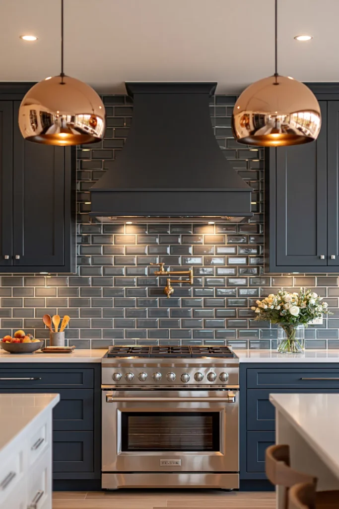 Glass Tile Backsplash Kitchen Ideas for Color, Texture, and Shine 5 Dark navy kitchen with glossy blue glass subway tile, copper dome pendants, brass pot filler, and stainless steel range.