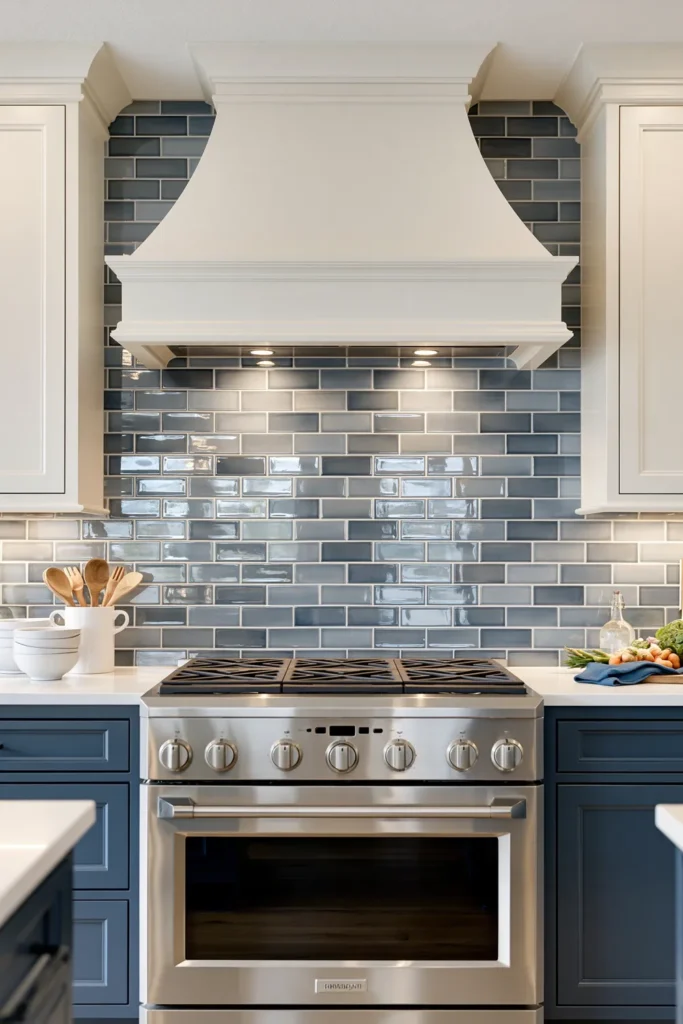 Glass Tile Backsplash Kitchen Ideas for Color, Texture, and Shine 10 Two-tone kitchen with glossy navy glass subway tile, deep blue lower cabinets, white uppers, and a stainless steel range.