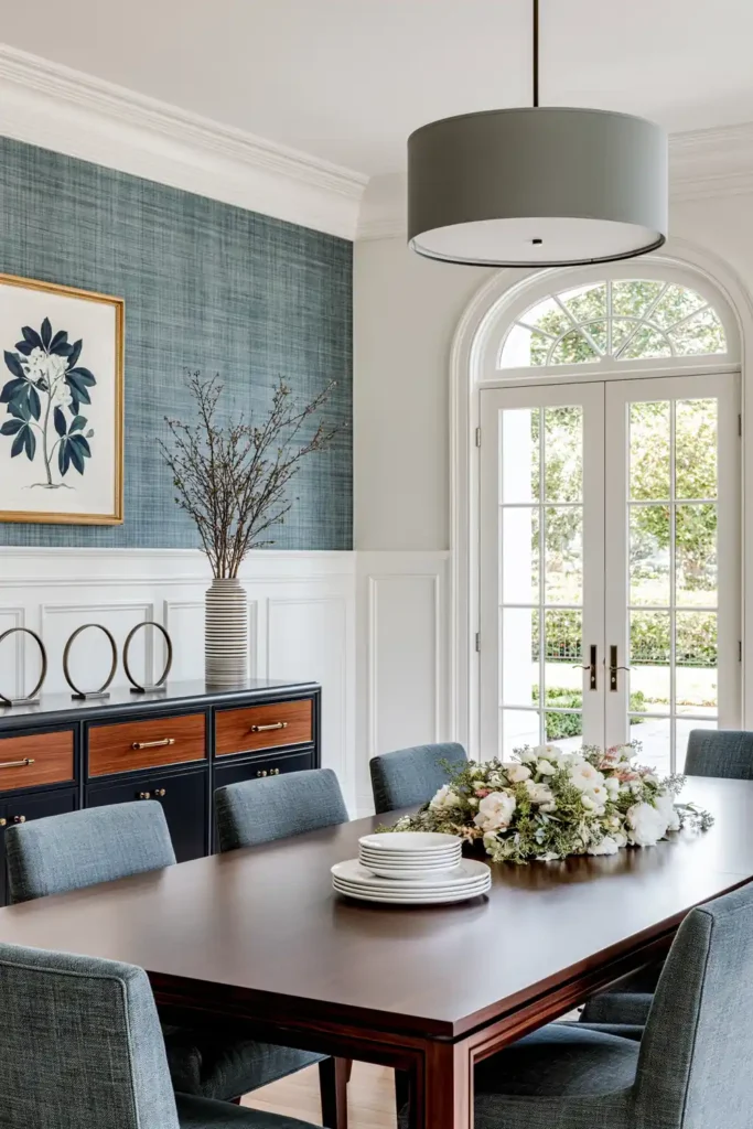 8 Formal Dining Room Ideas That Actually Feel Welcoming 7 Transitional formal dining room with a navy sideboard, warm wood drawers, blue-gray chairs, patterned wallpaper, and French doors.