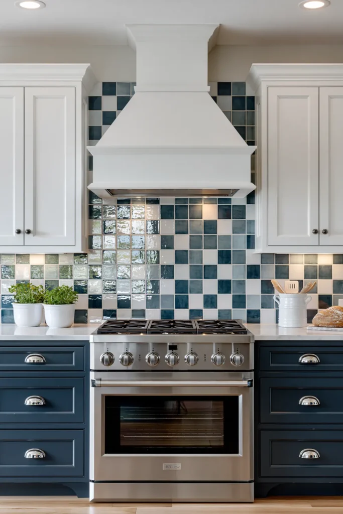 Glass Tile Backsplash Kitchen Ideas for Color, Texture, and Shine 26 High-contrast kitchen with glossy navy and white checkerboard glass tile, white upper cabinets, blue lower cabinets, and stainless steel range.