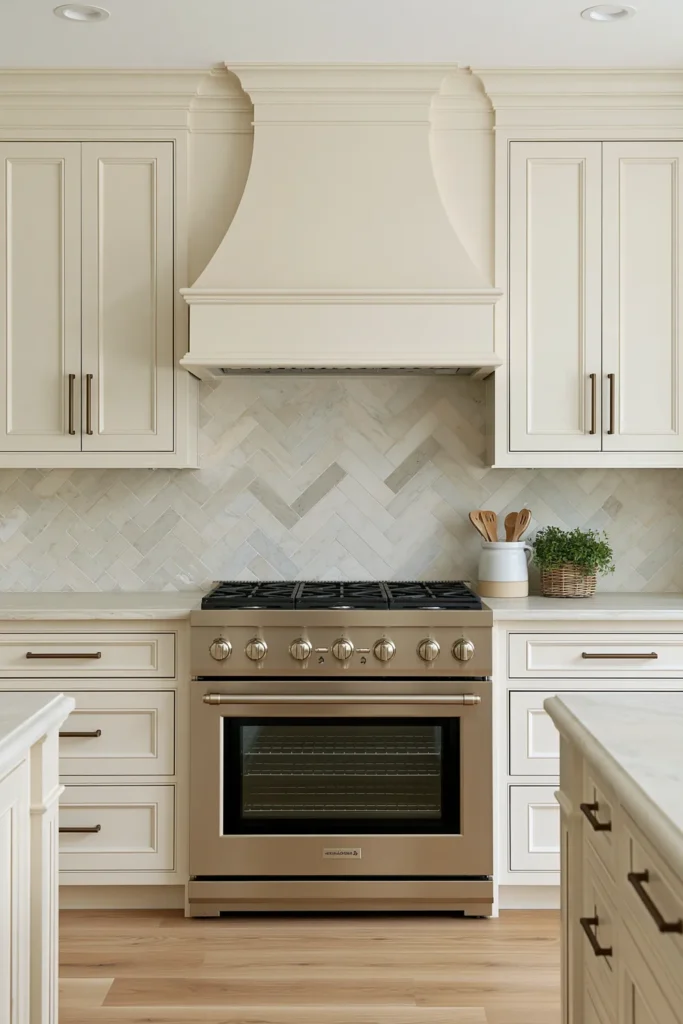 29 Neutral Kitchen Cabinet Ideas for a Calm, Timeless Kitchen 26 Cream neutral kitchen cabinets with a champagne-brass range, herringbone marble backsplash, pale stone counters, and light wood flooring.