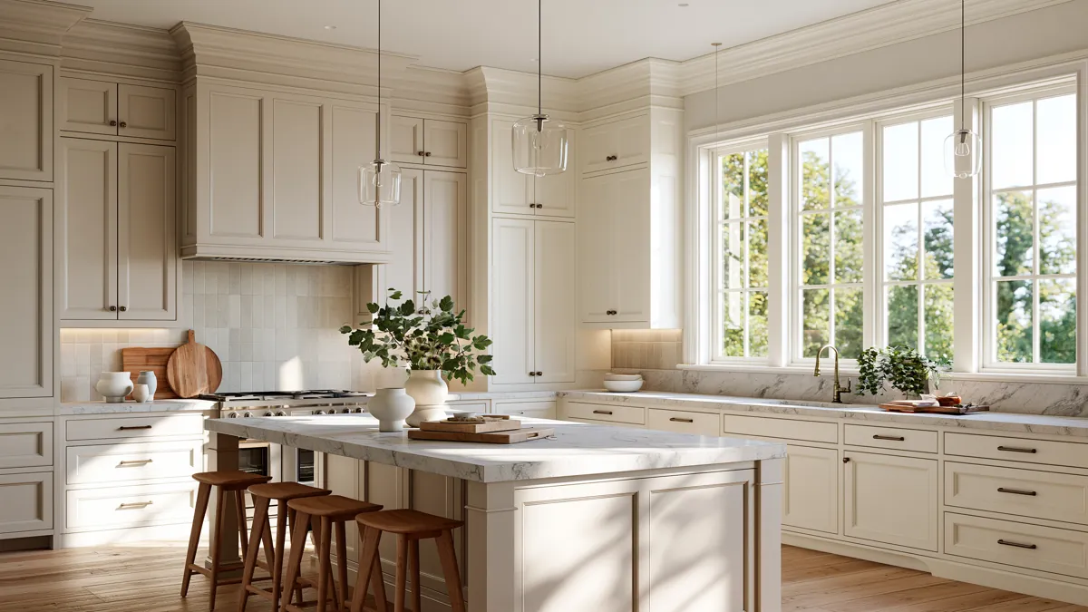 29 Neutral Kitchen Cabinet Ideas for a Calm, Timeless Kitchen 1 Bright neutral kitchen with warm beige cabinets, marble countertops, a central island, wood accents, and natural daylight.