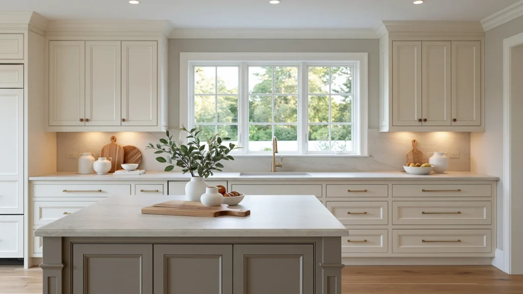 29 Neutral Kitchen Cabinet Ideas for a Calm, Timeless Kitchen 31 Warm neutral kitchen with cream and taupe cabinets, pale stone countertops, natural wood accents, and soft daylight.