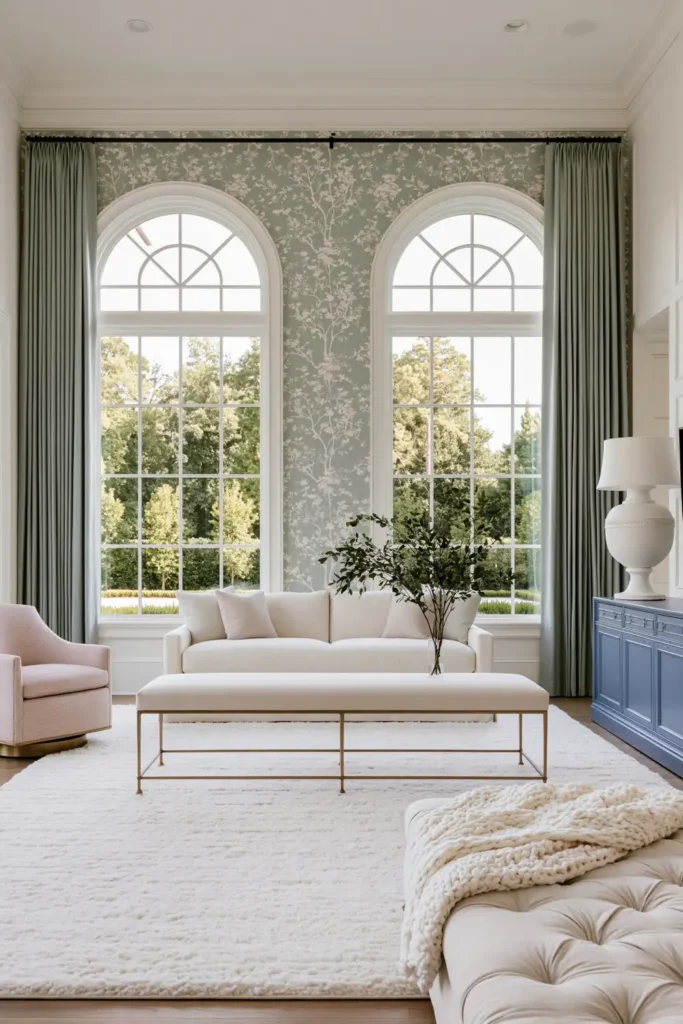 Timeless vs. Trendy Home Decor: 20 Ideas for a Well-Proportioned, Beautiful Home 2 Bright sitting room with cream seating, arched windows, blue-green botanical wallpaper, long drapes, and a blush accent chair.