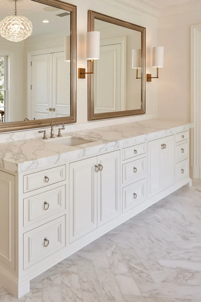 Timeless vs. Trendy Home Decor: 20 Ideas for a Well-Proportioned, Beautiful Home 18 Long white bathroom vanity with gray-veined marble countertops, metallic-framed mirrors, brass sconces, and pale marble flooring.