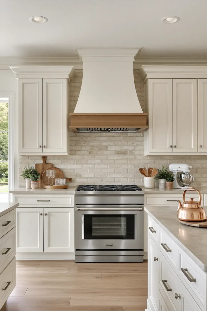 29 Neutral Kitchen Cabinet Ideas for a Calm, Timeless Kitchen 21 Oatmeal cream kitchen cabinets with a natural wood range hood, cream brick backsplash, pale stone counters, and stainless range.
