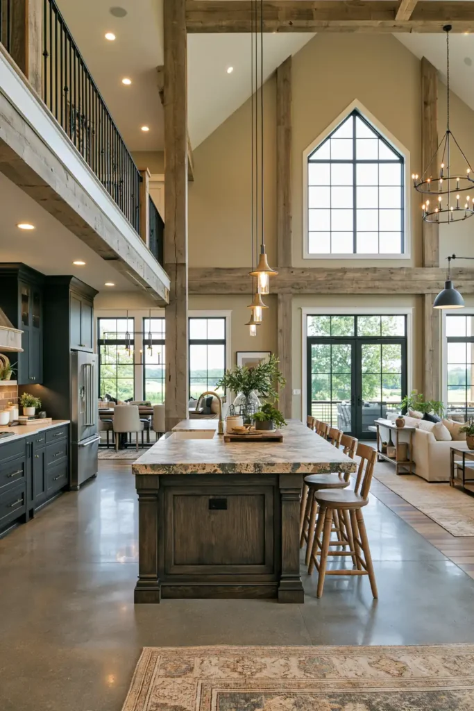 29 Barndominium Kitchen Designs for Rustic, Modern, and Timeless Spaces 23 Open-concept barndominium kitchen with a dark wood island, polished concrete floor, loft railing, wood beams, and a double-height great room.