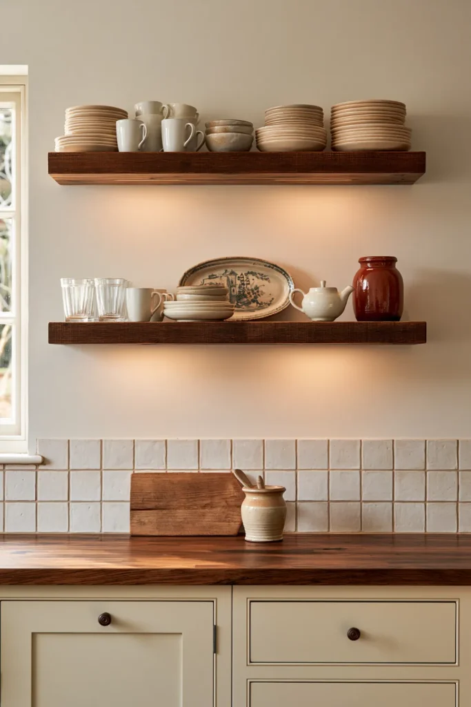How to Create a Warm Kitchen That Feels Like Home: 18 Warm and Welcoming Ideas 3 Open wooden kitchen shelves styled with everyday cream dishes, mugs, handmade ceramics, glassware, and warm cottage decor.