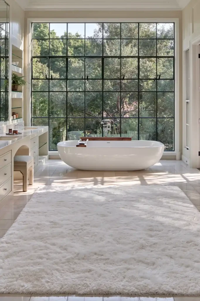 20 Bathroom Shelf Styling Ideas for Beautiful, Practical Storage 20 Pale cream bathroom with open glass vanity shelving, small decorative objects, greenery, freestanding tub, and a large window overlooking trees.