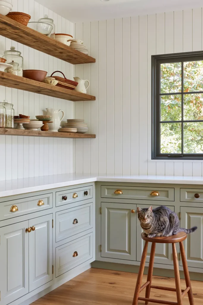 15 Butler’s Pantry Ideas for a Stylish, Functional Space 7 Light gray butler’s pantry with open wood shelving, clear jars, serving pieces, white paneling, brass hardware, and a dark-framed window.