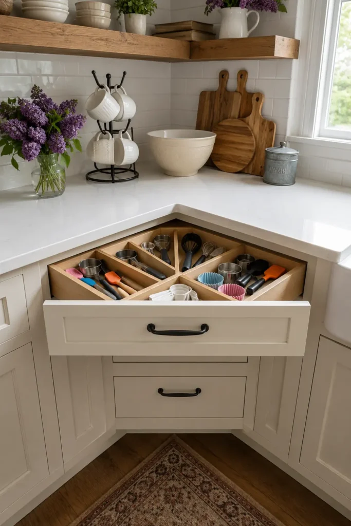 8 Kitchen Corner Cabinet Ideas for Smarter Storage 8 Open custom corner kitchen drawer with divided organizers for utensils beneath white countertops and wood floating shelves.