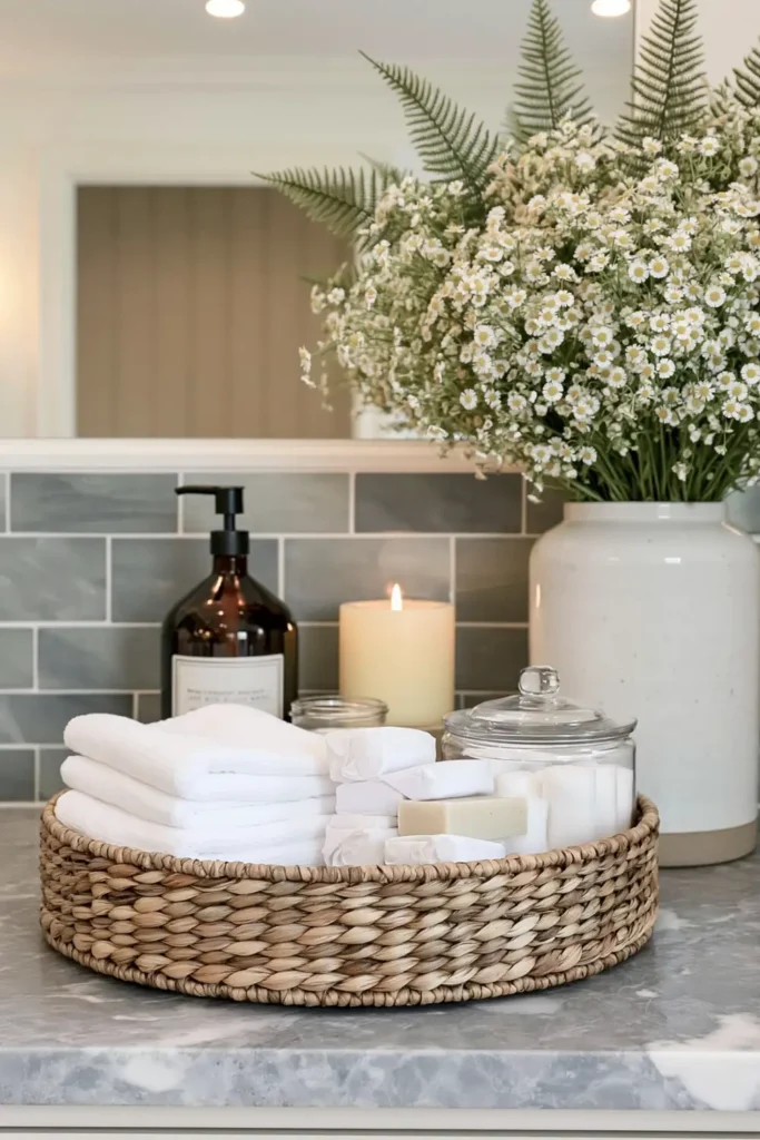 21 Guest Bathroom Decorating Ideas for a Friendly Space 6 Organized guest bathroom counter with a woven basket, folded white towels, soap, glass jars, candle, and white flowers.