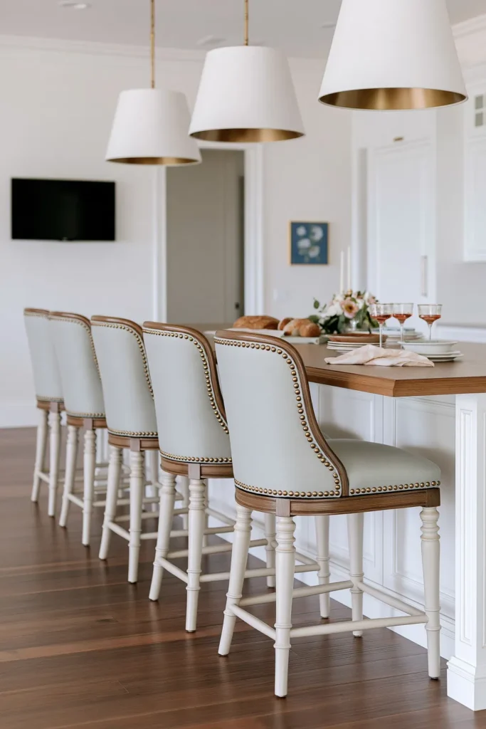 9 Blue and White Kitchen Remodel Ideas with Cozy Gold Accents 8 Oversized white drum pendant lights with brass interiors above a warm oak kitchen island lined with pale blue-green upholstered counter stools.
