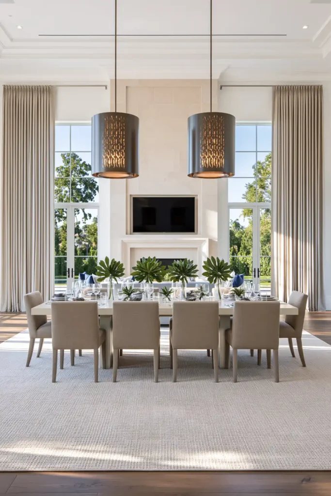 8 Formal Dining Room Ideas That Actually Feel Welcoming 8 Formal dining room with a pale low-pile rug, taupe upholstered chairs, dark pendant lights, beige curtains, and a stone fireplace.