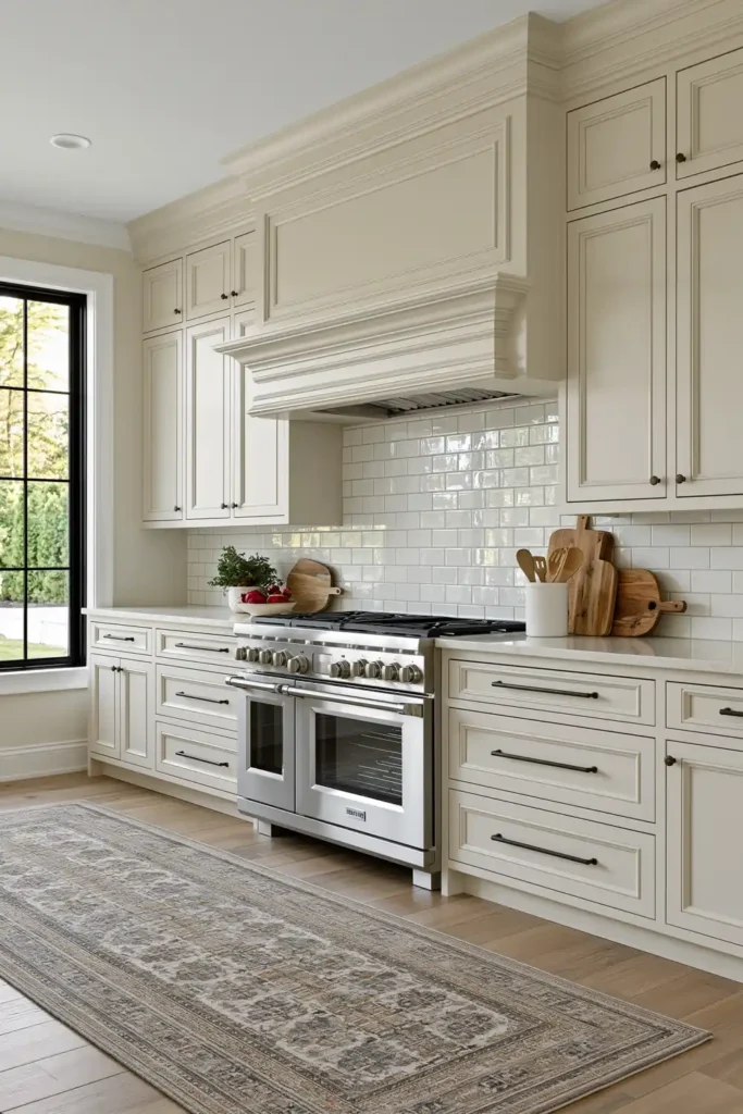 29 Neutral Kitchen Cabinet Ideas for a Calm, Timeless Kitchen 15 Pale parchment raised-panel kitchen cabinets with a decorative hood, stainless range, white subway tile, and dark bronze pulls.