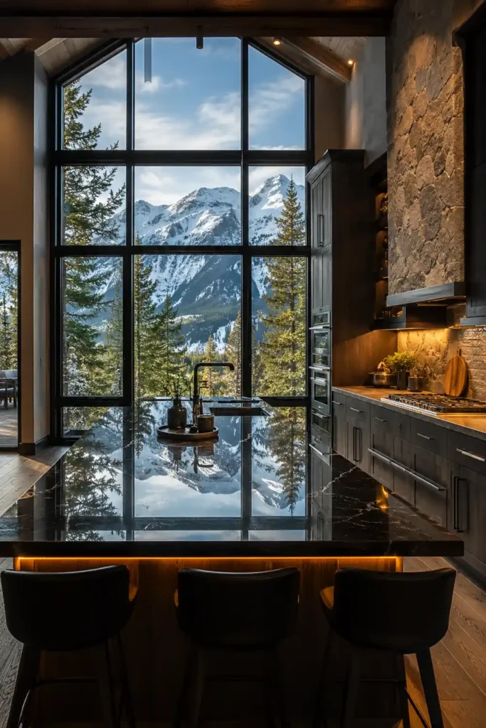 29 Rustic Modern Kitchen Designs That Balance Warmth and Clean Style 10 Mountain retreat kitchen with a glossy dark island, panoramic black-framed windows, stone cladding, dark cabinetry, and snowy mountain views.