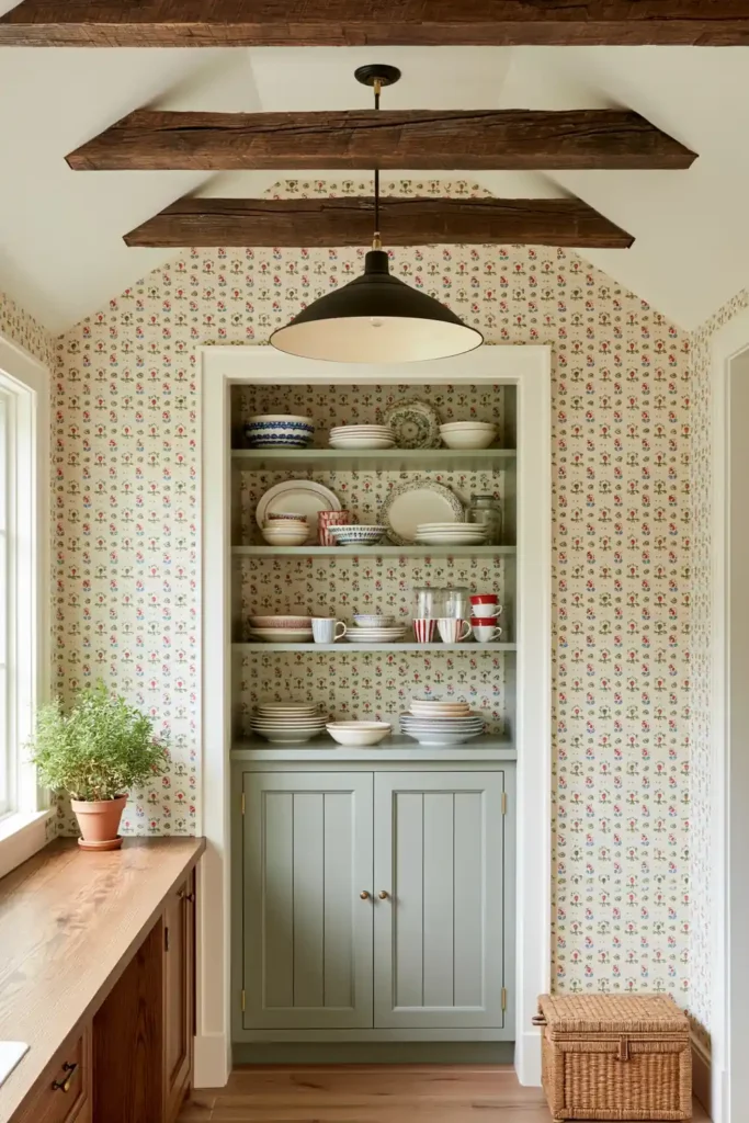 15 Butler’s Pantry Ideas for a Stylish, Functional Space 6 Compact butler’s pantry with patterned wallpaper across the walls and sloped ceiling, exposed beams, open dish shelves, and a black pendant.