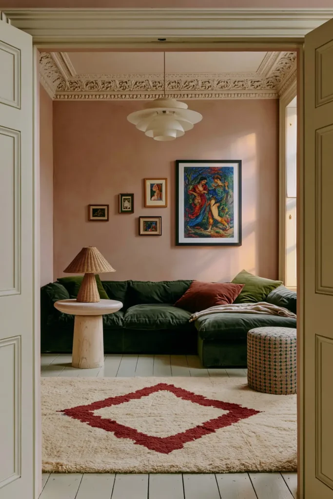 20 Best Living Room Color Combinations for a Warm Feel 3 Peach-pink living room with a dark green sectional, rust cushions, pale wood table, patterned ottoman, and grid-patterned rug.