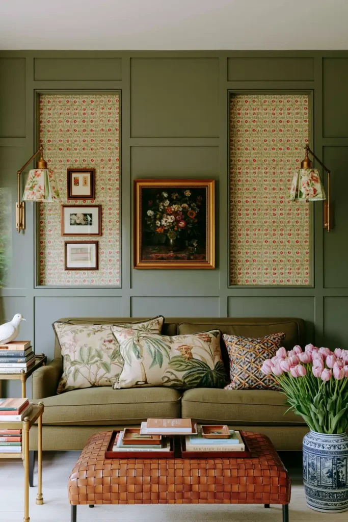 20 Best Living Room Color Combinations for a Warm Feel 7 Powder blue-green living room with an olive loveseat, floral wallpaper, botanical cushions, a woven-leather ottoman, and pink tulips.