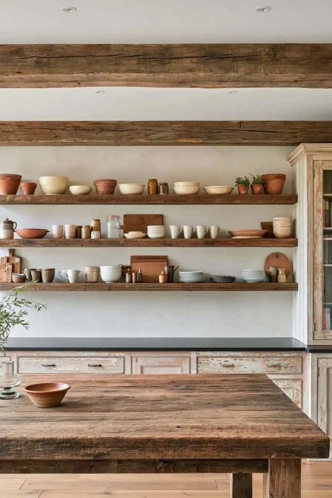 29 Rustic Modern Kitchen Designs That Balance Warmth and Clean Style 7 Rustic kitchen with open wood shelves, terracotta pottery, exposed beams, distressed cabinetry, and a broad raw wood table.