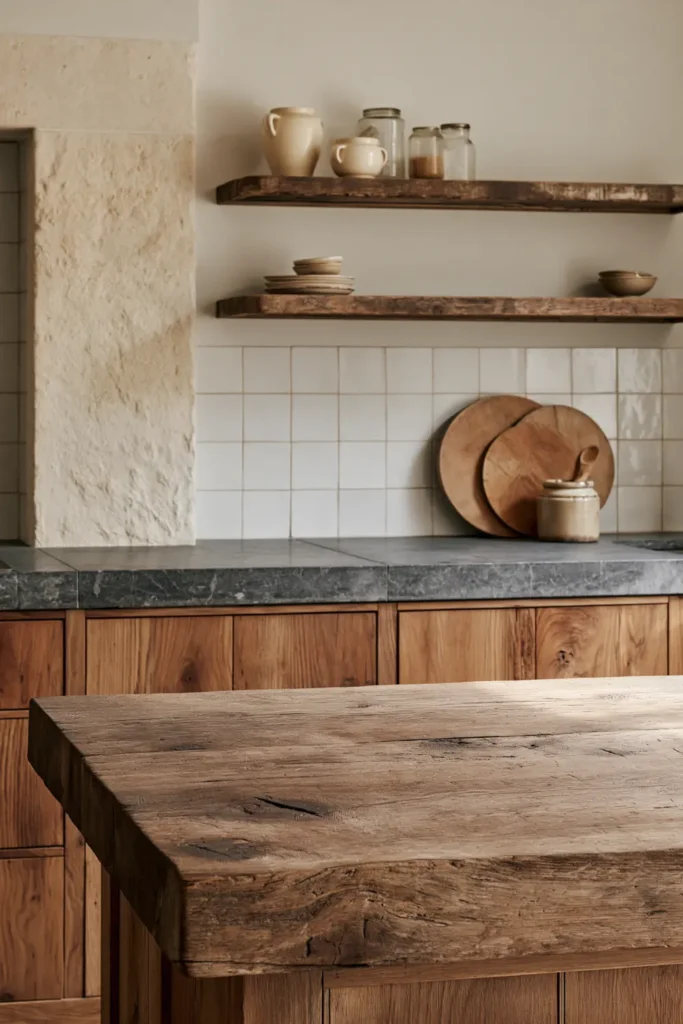 How to Create a Warm Kitchen That Feels Like Home: 18 Warm and Welcoming Ideas 8 Cozy kitchen layering raw wood cabinetry and butcher block with cool honed stone countertops and aged open shelves.