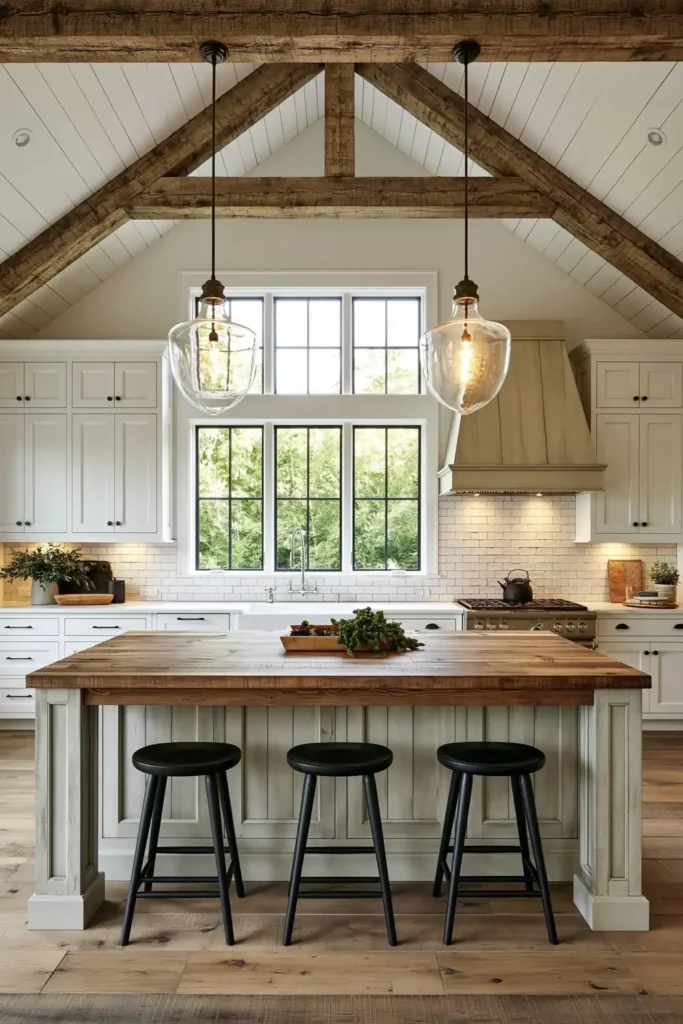 29 Rustic Modern Kitchen Designs That Balance Warmth and Clean Style 3 Bright barnhouse kitchen with exposed timber trusses, white shaker cabinets, a wood-topped island, black stools, and glass pendants.