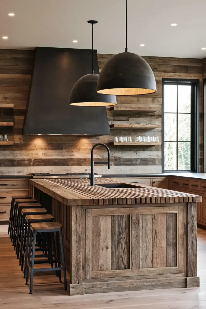 29 Rustic Modern Kitchen Designs That Balance Warmth and Clean Style 30 Rustic modern kitchen with a reclaimed wood island, black metal stools, matte black range hood, dome pendants, open shelving, and pale wood flooring.
