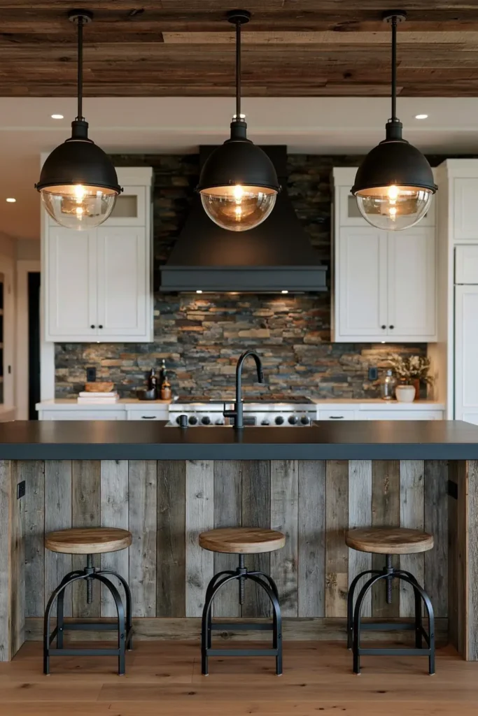 29 Rustic Modern Kitchen Designs That Balance Warmth and Clean Style 19 Rustic kitchen with a reclaimed wood island, round wood stools, black pendant lights, white shaker cabinets, and a dark stacked-stone backsplash.