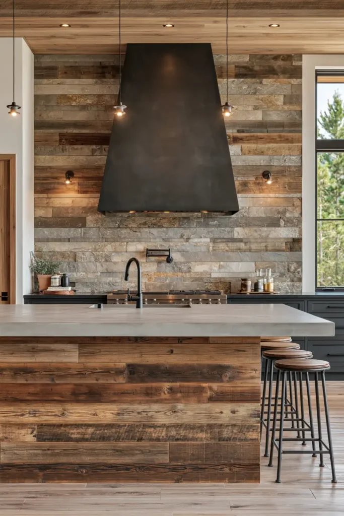 29 Rustic Modern Kitchen Designs That Balance Warmth and Clean Style 23 Contemporary rustic kitchen with a reclaimed wood island, concrete-like countertop, black metal stools, textured wall, and matte black range hood.