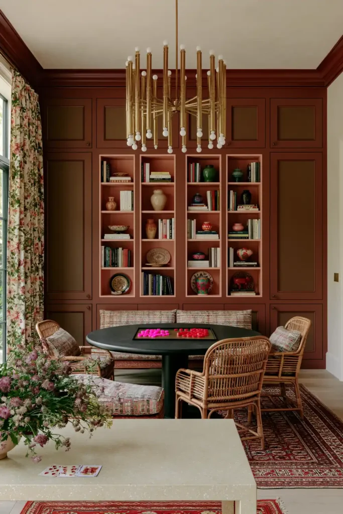 20 Best Living Room Color Combinations for a Warm Feel 19 Red and powder pink games room with built-in bookcases, rattan chairs, a black game table, brass chandelier, and floral curtains.