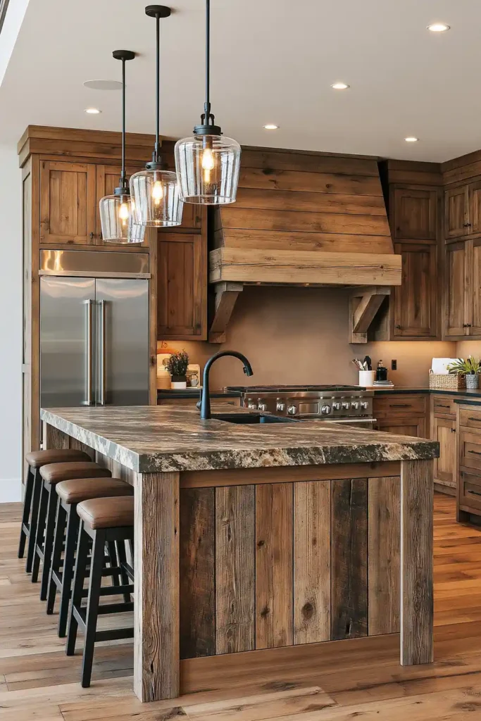29 Barndominium Kitchen Designs for Rustic, Modern, and Timeless Spaces 3 Rustic chic barndominium kitchen with a weathered wood island, stone-look countertop, dark stools, timber cabinetry, and glass pendant lights.