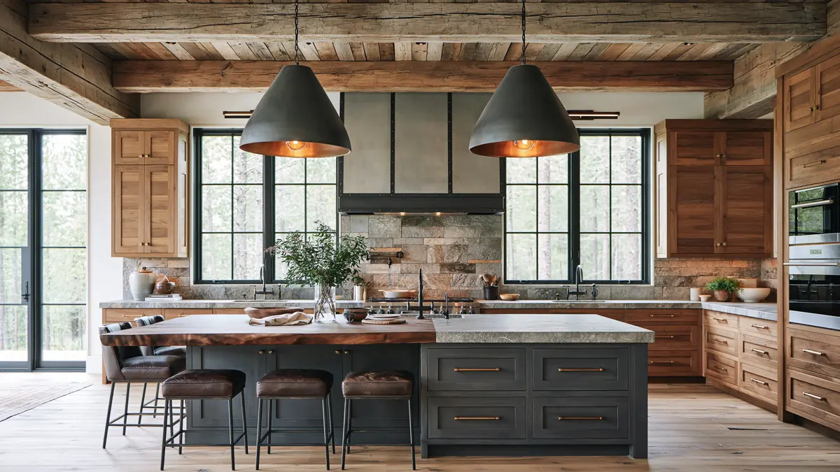 29 Rustic Modern Kitchen Designs That Balance Warmth and Clean Style 1 Rustic modern kitchen with a live-edge walnut island, reclaimed wood beams, honed stone surfaces, black pendant lights, and large windows.