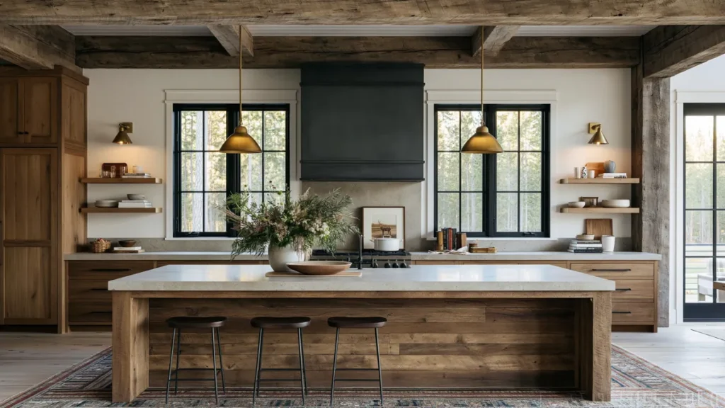 29 Rustic Modern Kitchen Designs That Balance Warmth and Clean Style 31 Warm rustic modern kitchen with a natural wood island, exposed timber beams, pale stone counters, black accents, and large windows.