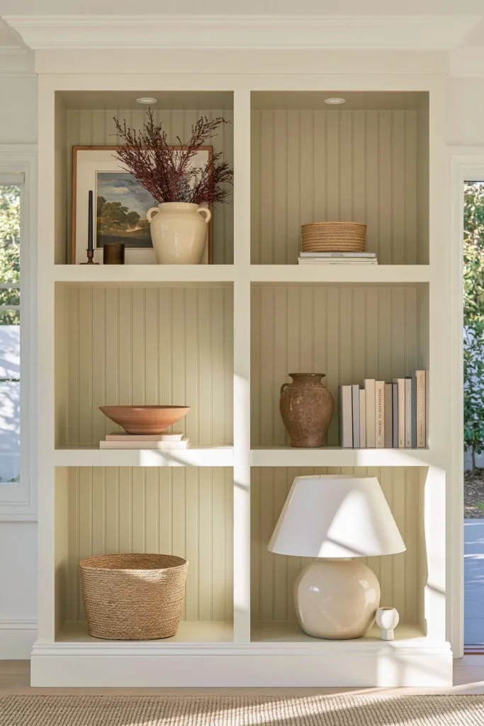 23 Living Room Bookshelf Styling Ideas for a Beautiful, Collected Space 22 Rustic shelf vignette with cream stoneware, terracotta, pale books, woven seagrass, dried branches, and a rounded ceramic lamp.